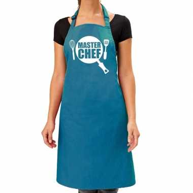 Goedkope master chef barbecue schort / keukenschort turquoise blauw d