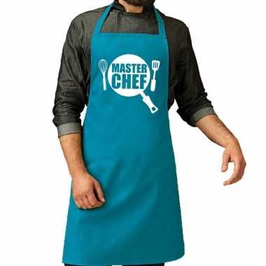 Goedkope master chef barbecue schort / keukenschort turquoise blauw