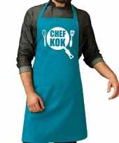 Goedkope chef kok barbecue schort keukenschort turquoise blauw her